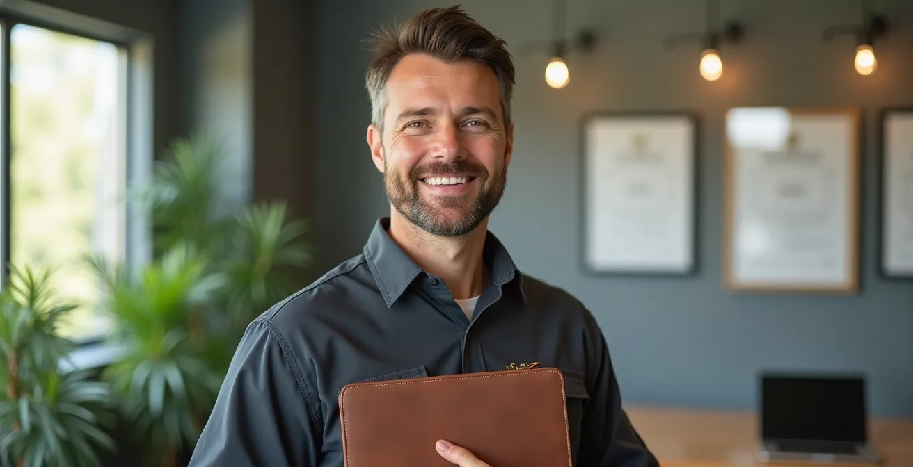 Professionnel en tenue de travail présentant des documents officiels dans un bureau lumineux