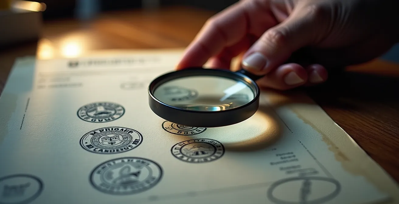 Main tenant une loupe examinant des documents officiels sur un bureau